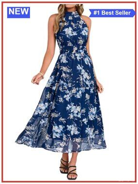 Women's Halter Maxi Dress Floral Boho Casual Wedding Guest Vacation Flowy Long